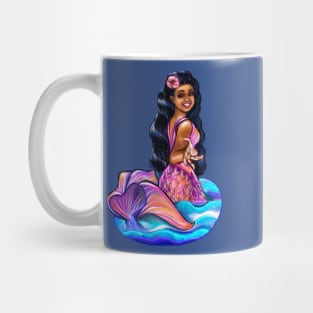 Mermaid Pacific princess  2 with rainbow coloured colored fins, hibiscus, outstretched  arm, brown eyes, Curly hair  and caramel brown skin - light background Mug
